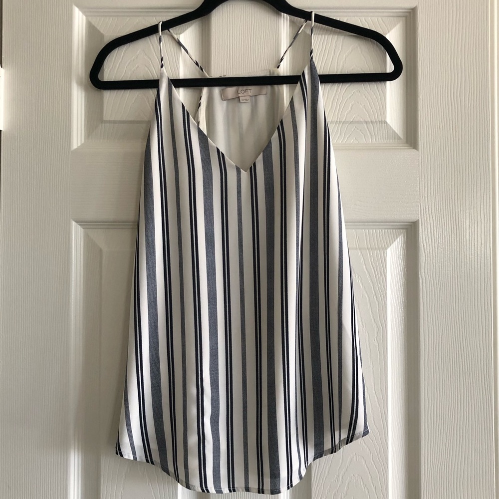 LOFT strappy tank blue and white vertical stripes